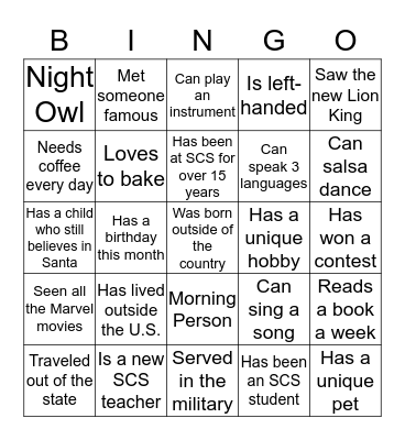 Teacher Orientation Bingo Card