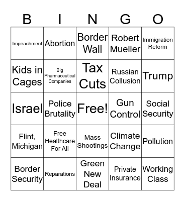 Democratic Debate Bingo Card