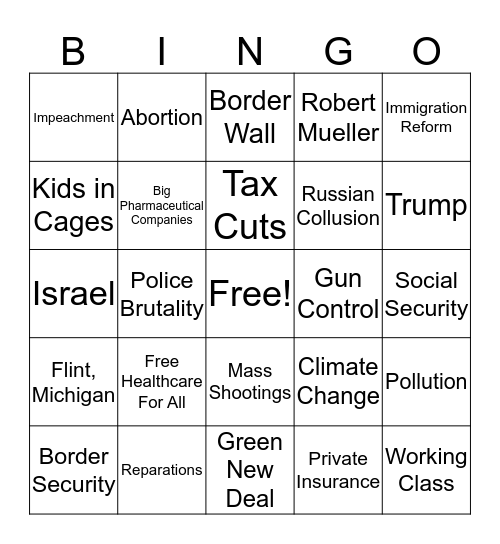 Democratic Debate Bingo Card