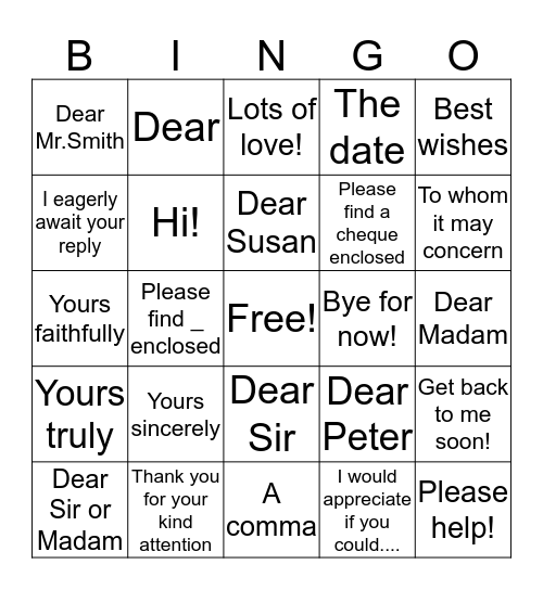 Letter writing Bingo Card