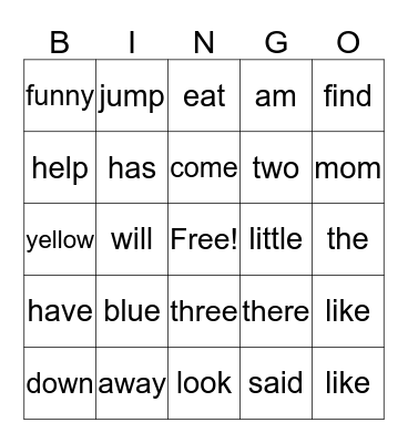 Sight Words Bingo Card