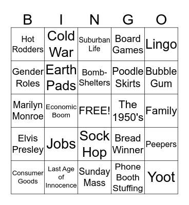 1950's Bingo Card