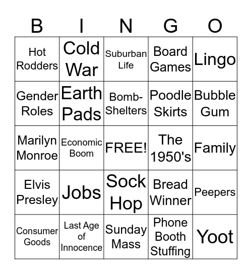 1950's Bingo Card