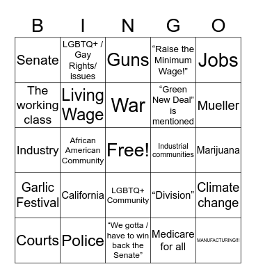 Democratic Debate II Night 1 Bingo Card