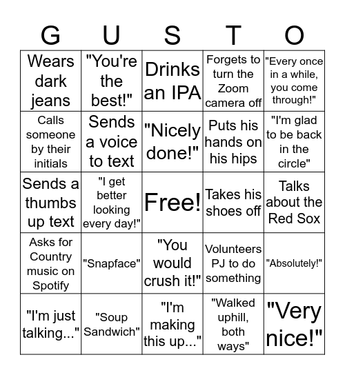 Gusto Bingo Card
