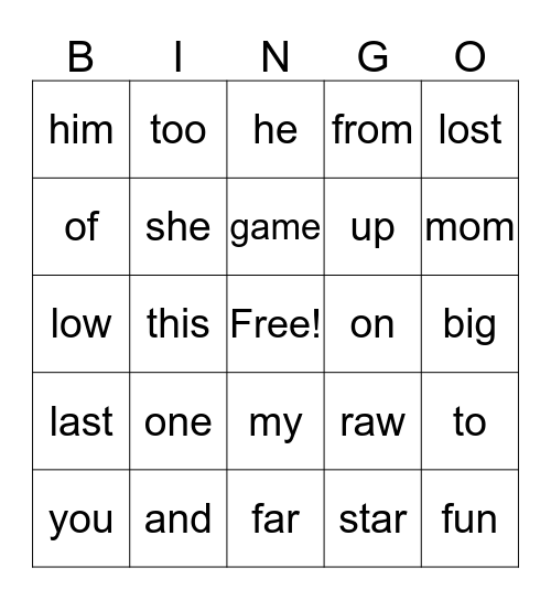 Word recognition Bingo Card