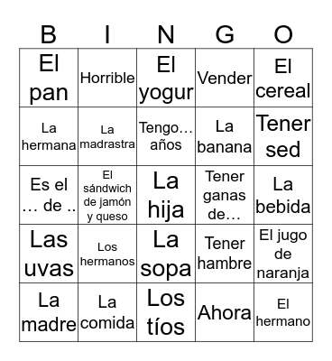 Avancemos 1 - Unit 3 - Vocabulary (Text) Bingo Card