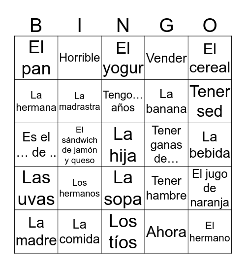 Avancemos 1 - Unit 3 - Vocabulary (Text) Bingo Card