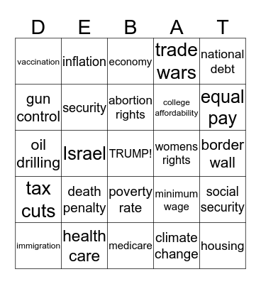 Democratic Debate Bingo Card