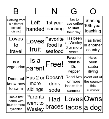 Wesley Elementary 2019-2020 Bingo Card