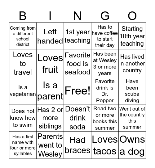 Wesley Elementary 2019-2020 Bingo Card