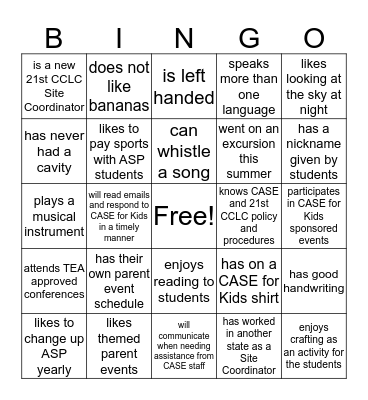 CASE for Kids Kick-Off Bingo Card