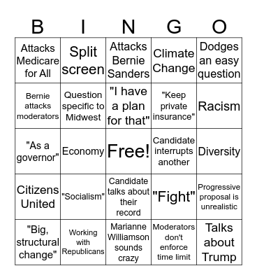 Democratic Debate Night 1 Bingo Card