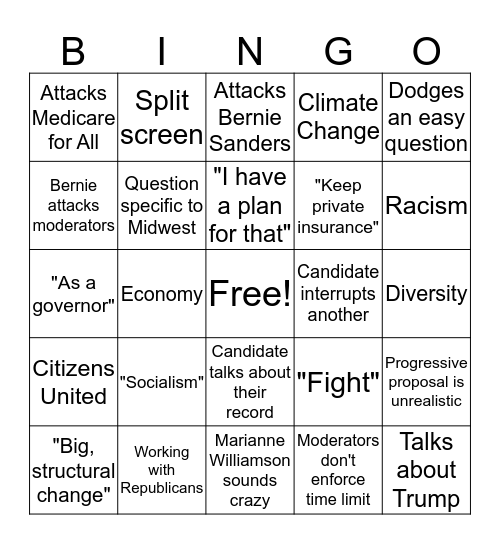 Democratic Debate Night 1 Bingo Card