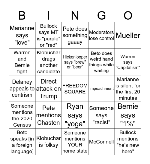 Democratic Debate 2019 v2.1  Bingo Card