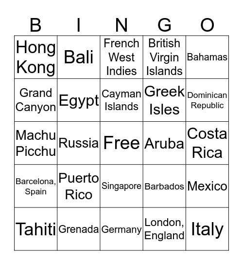 Vacation Destinations Bingo Card