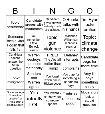 Round 2 Night 1 Democratic Debate Bingo Card