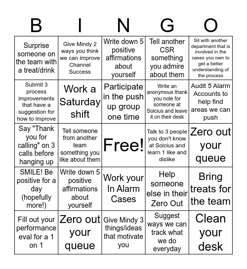 Channel Success Rep Bingo Card