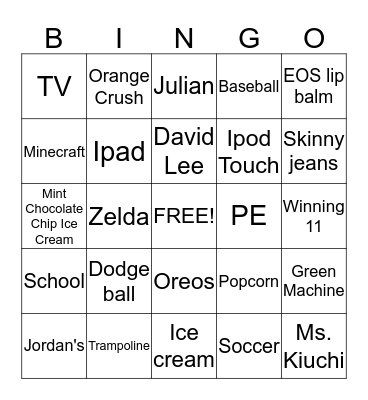 Josiah's Favorite Things Bingo Card