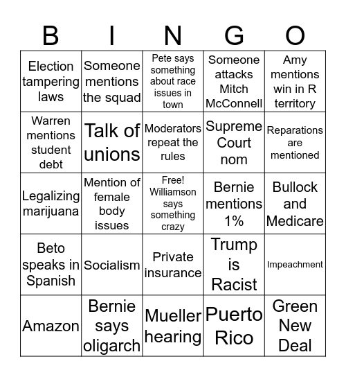 Dem Debate Bingo  Bingo Card