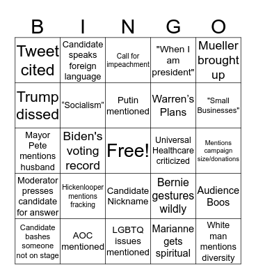 Dem Debates 2: Night 1 Bingo Card