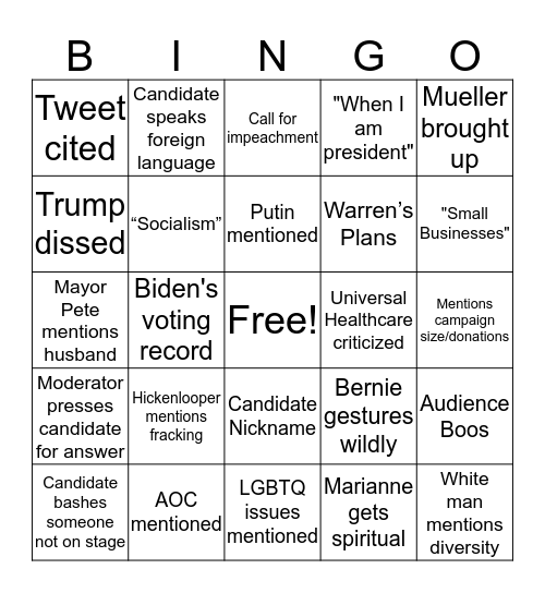 Dem Debates 2: Night 1 Bingo Card
