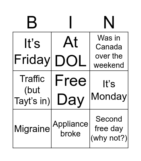 Dustin’s Out Bingo Card