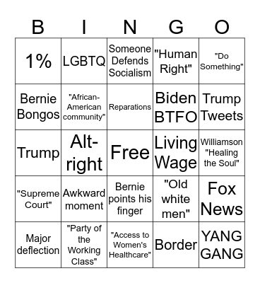 2020 Democratic Debate Bingo Card