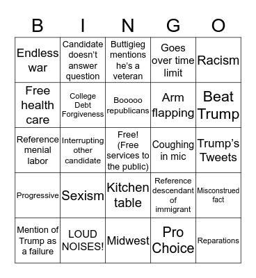 Democratic Debate Bingo Card