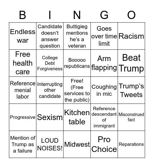 Democratic Debate Bingo Card