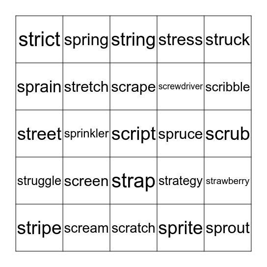 Words with scr, str, spr Bingo Card