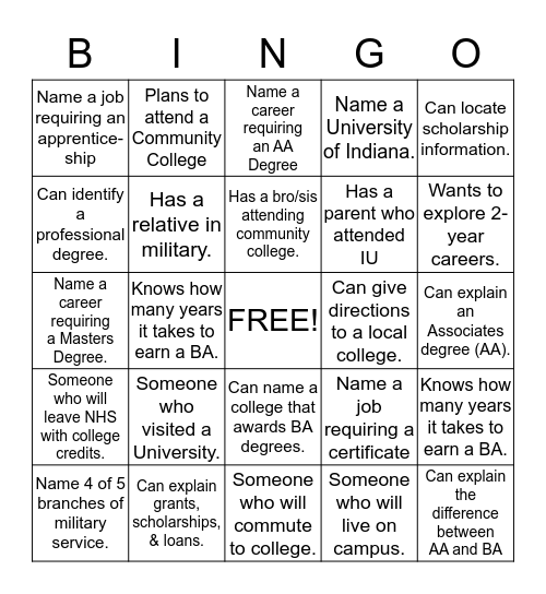 Career Bingo Card