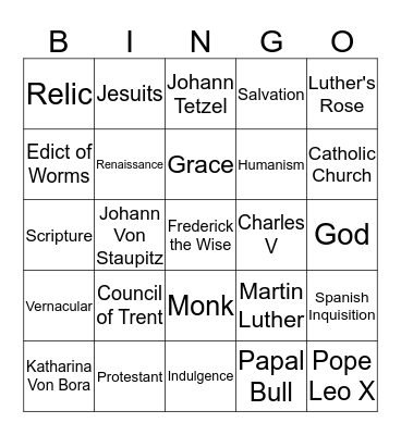The Reformation and Counter Reformation Bingo Card