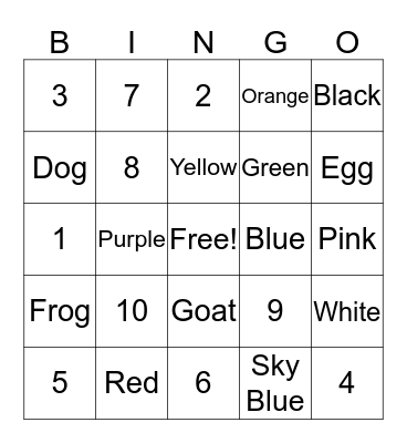 Numbers and Colors Bingo Card