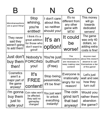 Activision Apologist Bingo Card