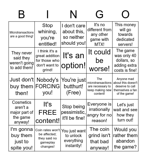 Activision Apologist Bingo Card