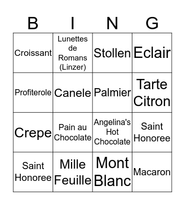 Bonjour French Pastries! Bingo Card