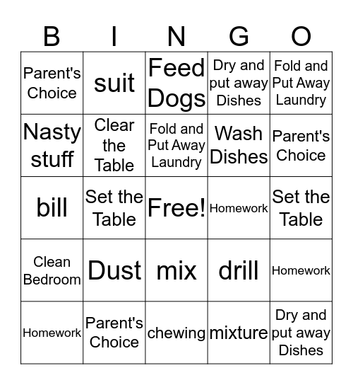 Chore Bingo Card