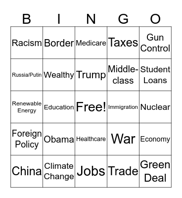 2nd Dem Debates 2019 Bingo Card