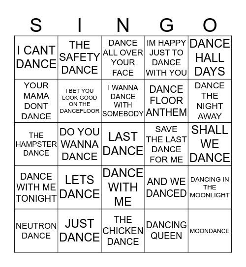400 SONGS WITH DANCE IN THE TITLE Bingo Card