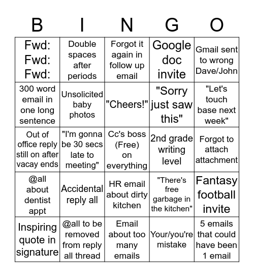 Work Email Bingo Card