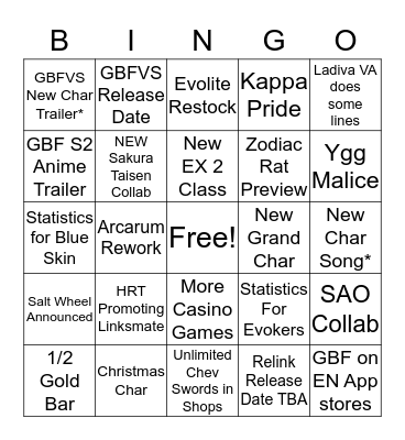 Mon GBF Summer Stream Bingo Card