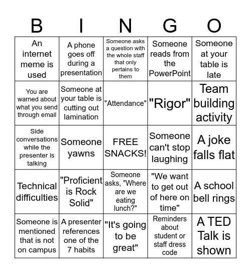 Back to School BINGO Card