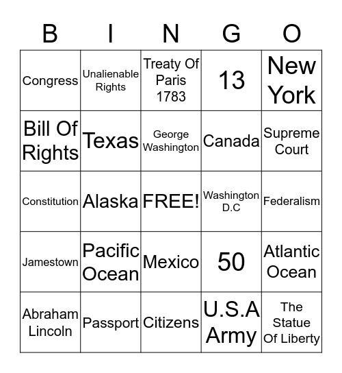 How Much you know about the United States? Bingo Card