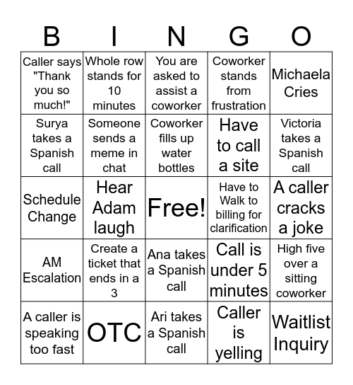 Call Bingo Card