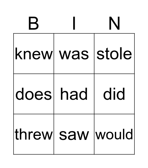 Irregular past tense verb Bingo Card