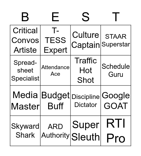 BEST Team Bingo Card