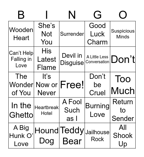 Elvis Song Bingo Card