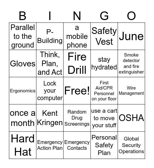 Safety Bingo Card