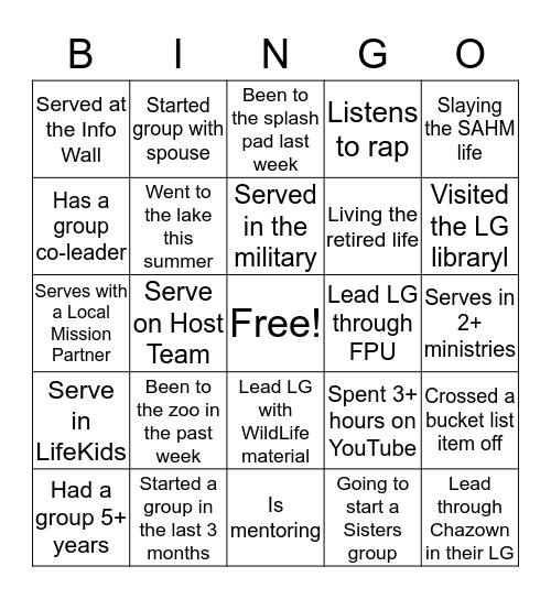 LifeGroup Leader Bingo Card
